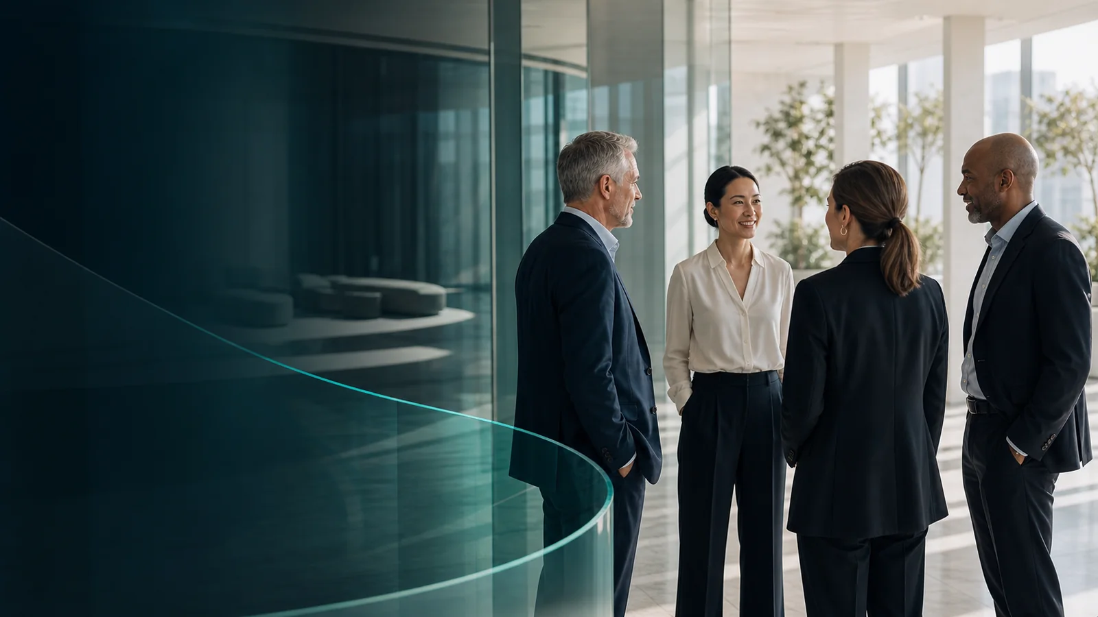 Senior operators in conversation across an international advisory setting