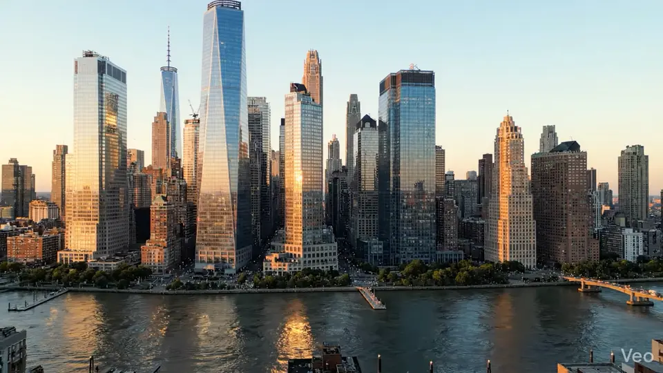 New York City skyline aerial view at golden hour