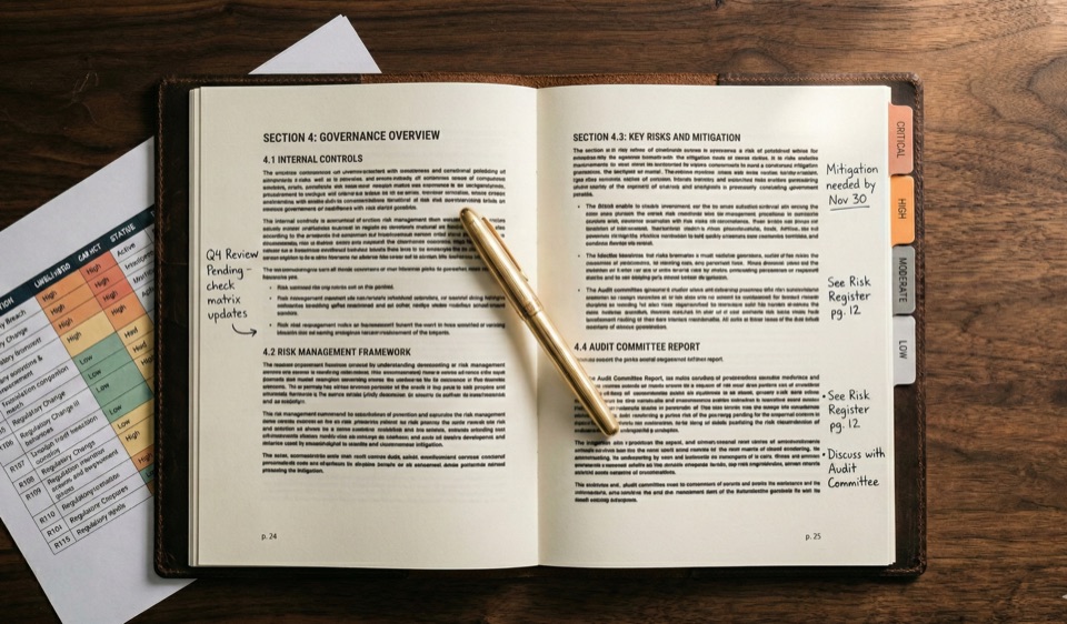 Board governance report with risk matrix and audit committee notes