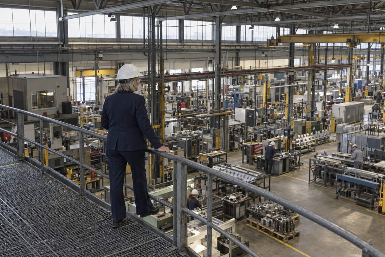 A senior operating leader on a mezzanine overlooking a working factory floor.