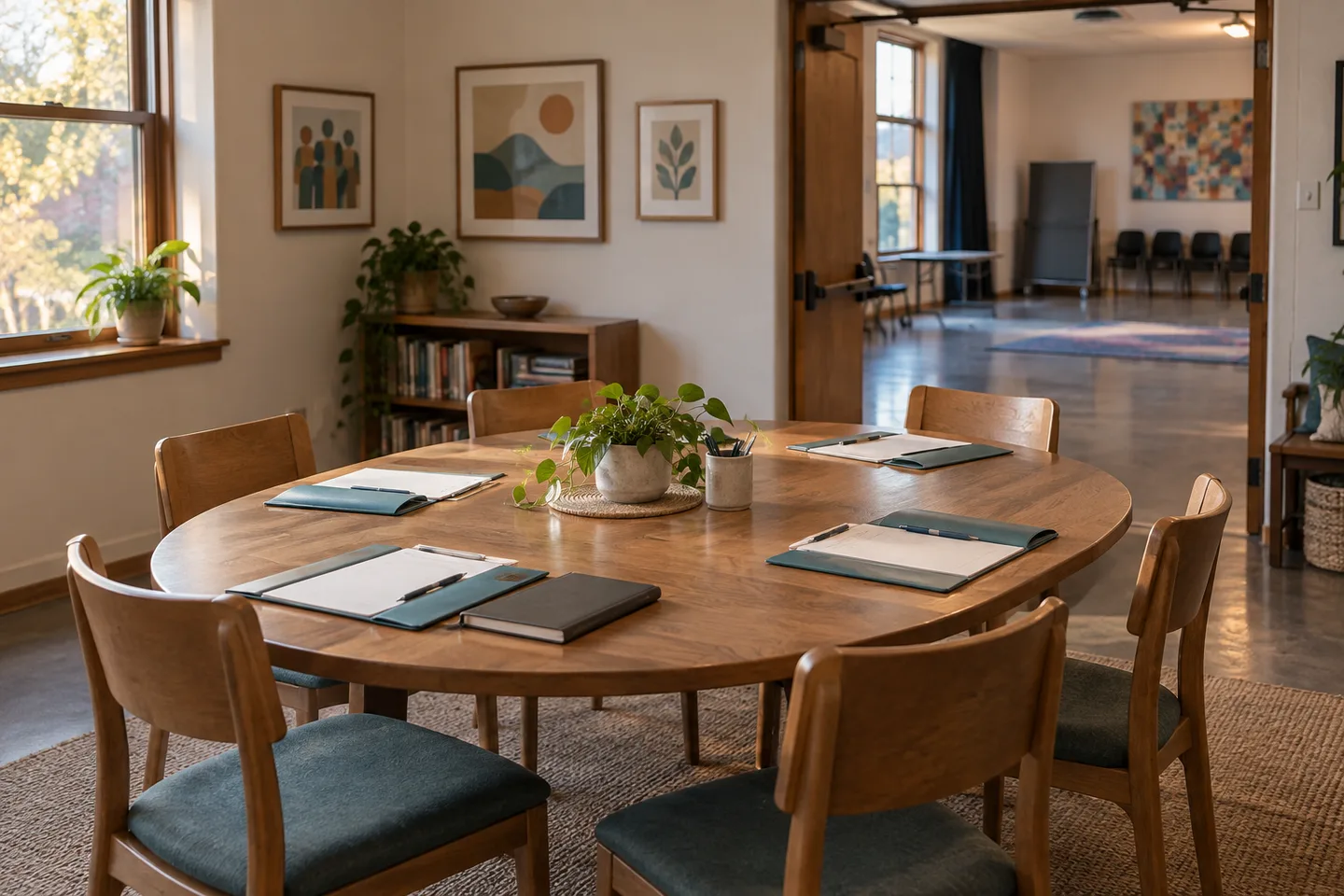A meeting table with papers and wooden chairs in a bright room.